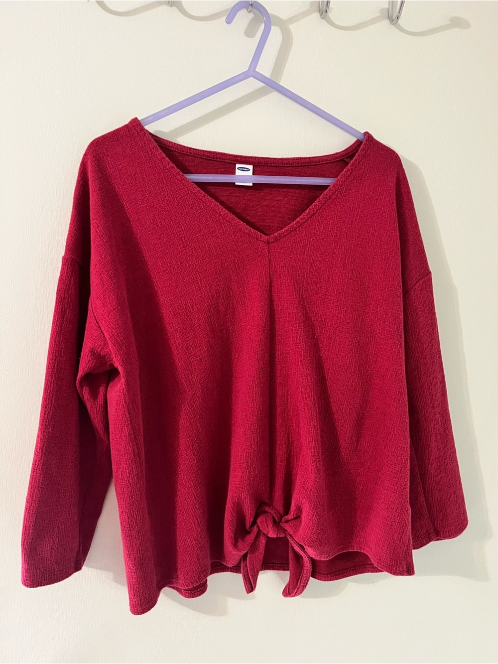 Cranberry Cotton Blend V-Neck Tie-Front Long Sleeve Top by Old Navy
